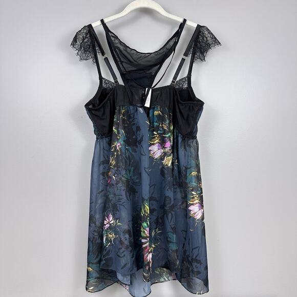 Cacique Size 44DD Babydoll Lingerie Dark Floral Matching Thong Panty Molded Cup - Picture 4 of 10